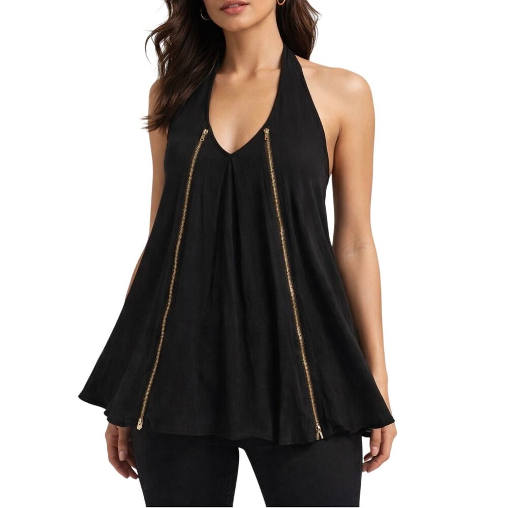 TAS Black Halter Top Small Black Zipper Detail Indie Sleaze Y2K Grunge‎ Goth